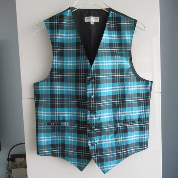 Vesuvio Napoli Men's Plaid Design Dress Vest Size Small Black, Turquoise, White - Picture 1 of 11
